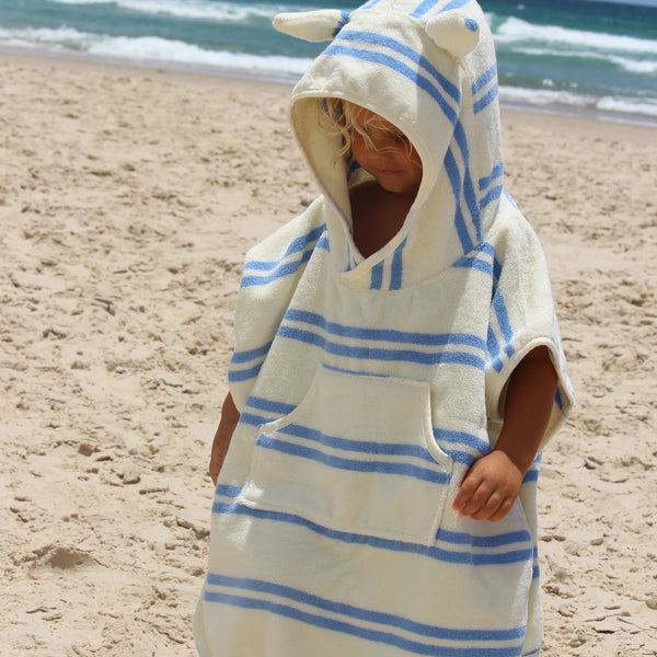 Poncho de bain éponge rayures bleu